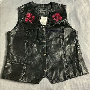 Black Leather Vest with Red Rose Embroidery
